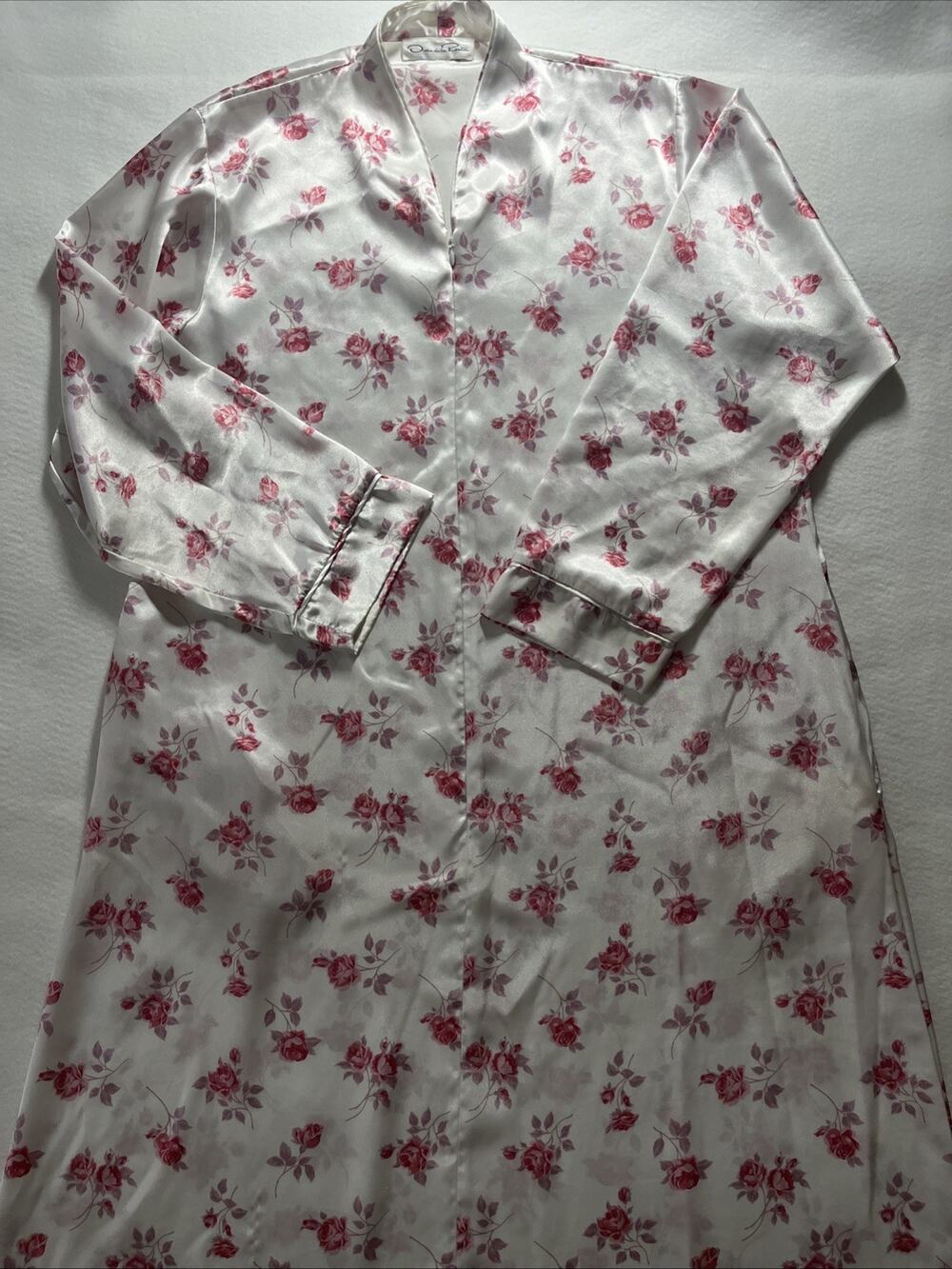 Oscar De La Renta Nightgown Robe Women S/M White Floral Satin Maxi Pockets